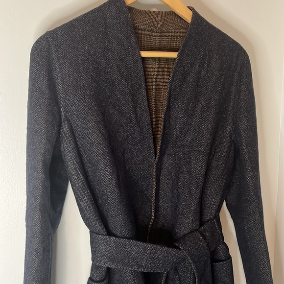 Max Mara Cucito A Mano NWT Midnight Blue Brown Chevron Galles Robe Jacket Sz 12 - Picture 2 of 16